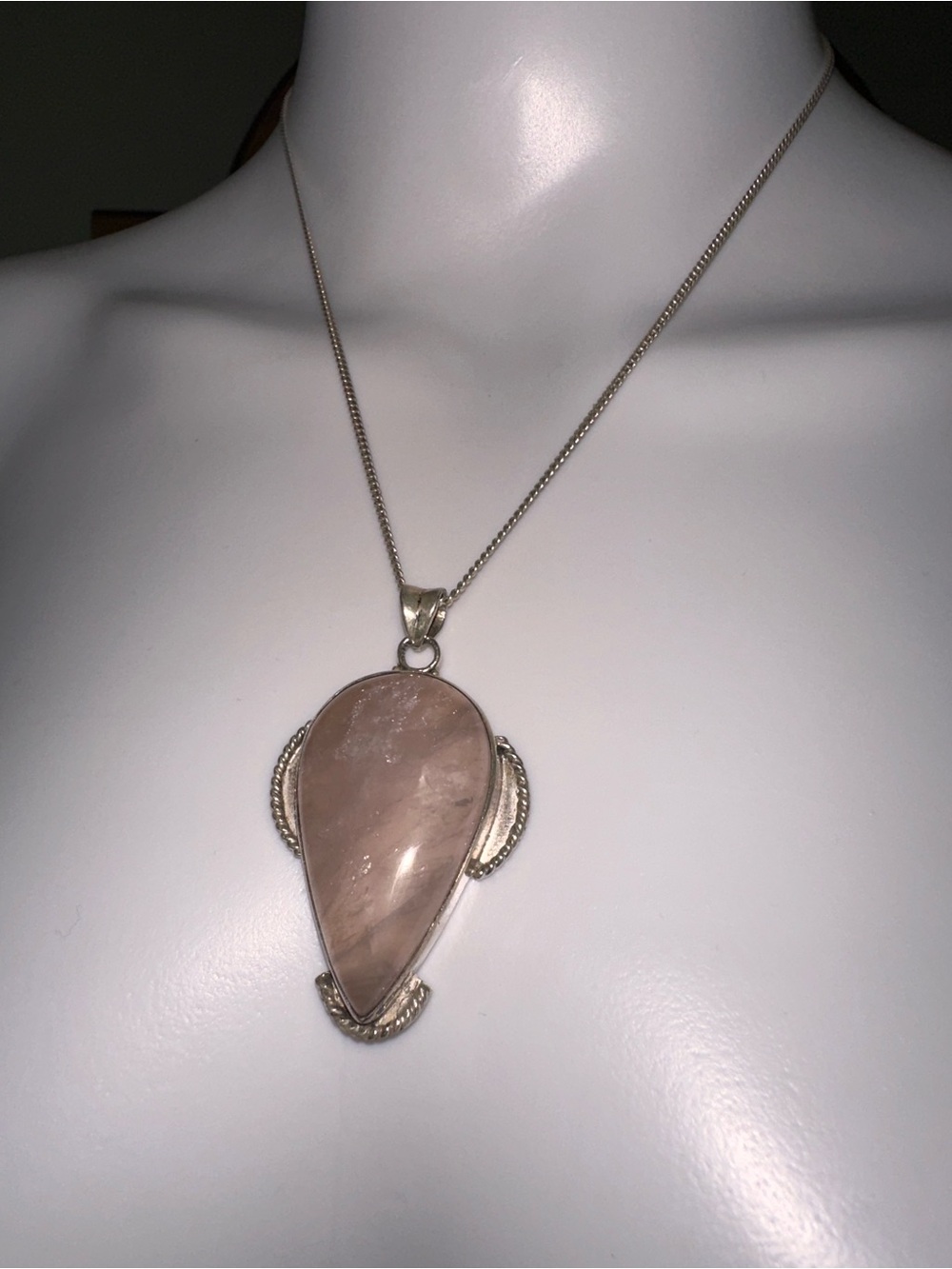 Silver and Rose Quartz Teardrop Pendant and Silver Chain 925 Italy